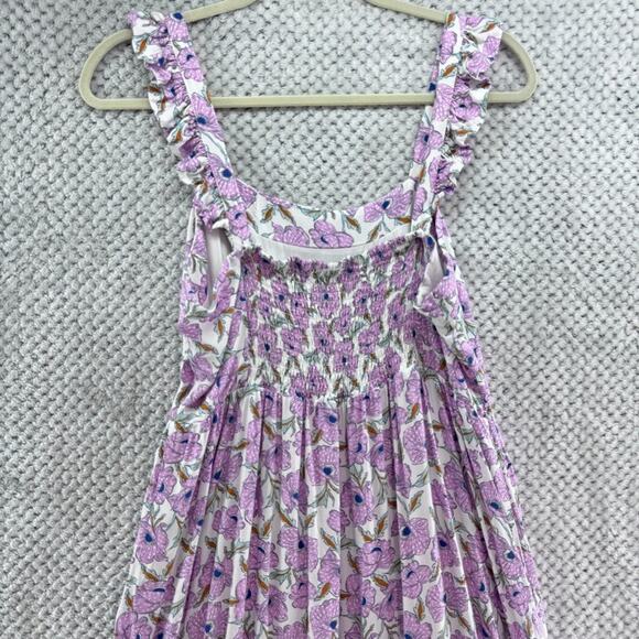 Haute Hippie Dress Womens M White Purple Floral Tiered Midi Smocked Cottage Boho - Picture 7 of 16